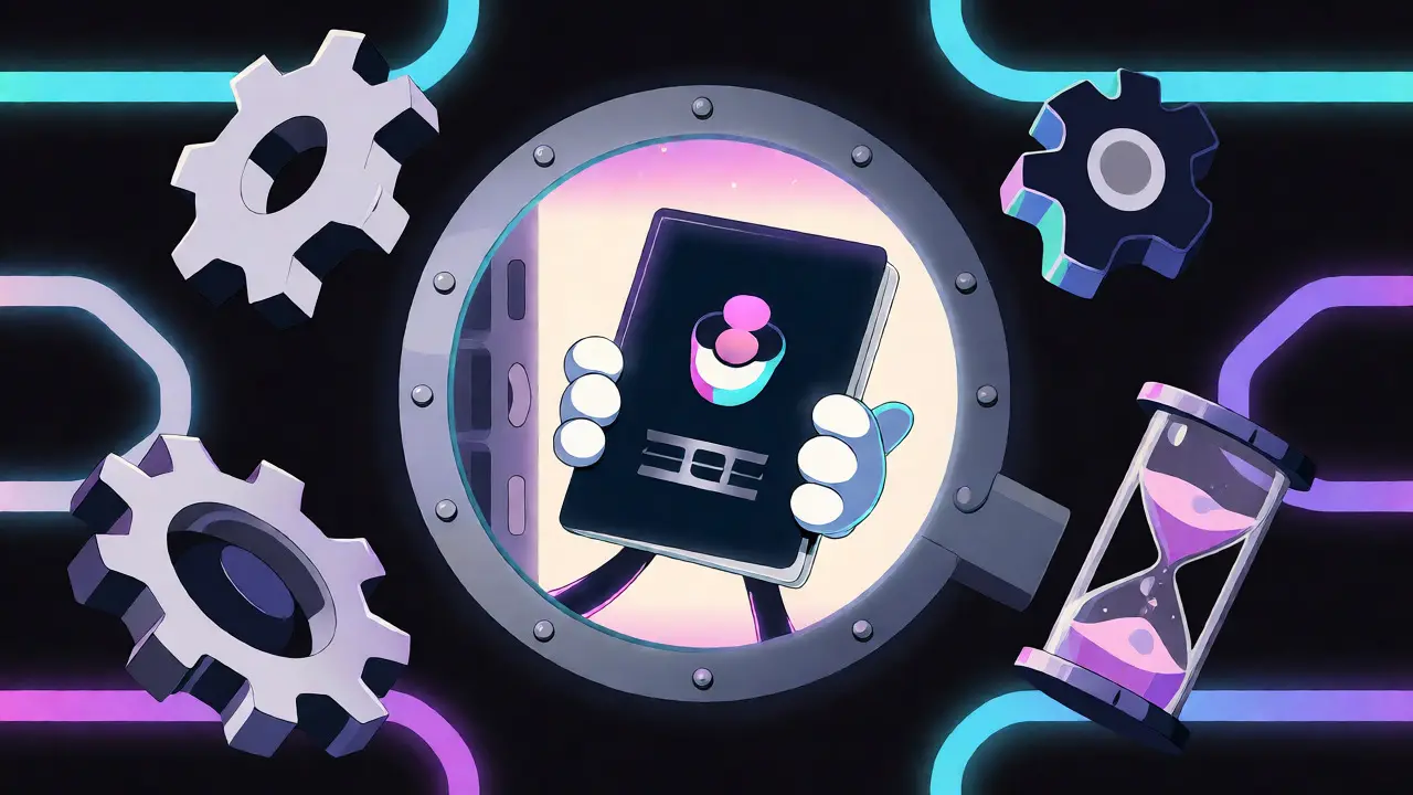 Retro-futuristic cartoon avatar holding a glowing identity passport near a secure vault.