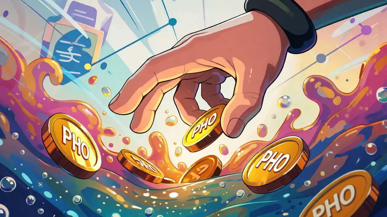 Rubber-hose hand pulling gold tokens from a swirling liquidity pool