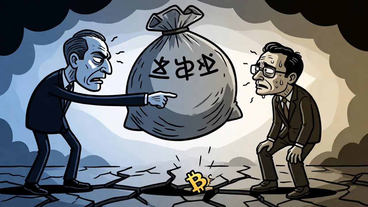 Rubber hose style illustration of IMF pressure forcing El Salvador to drop mandatory Bitcoin use.
