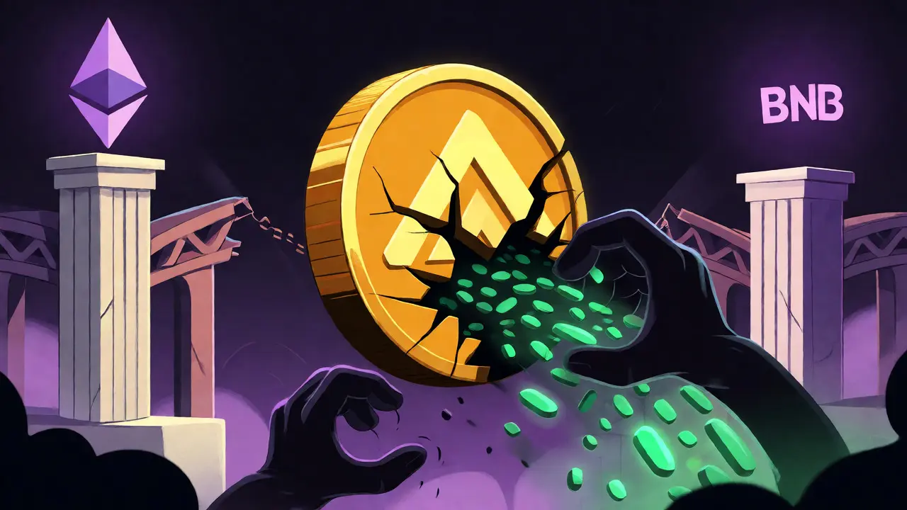 Shadowy hands stealing tokens from a cracked golden coin