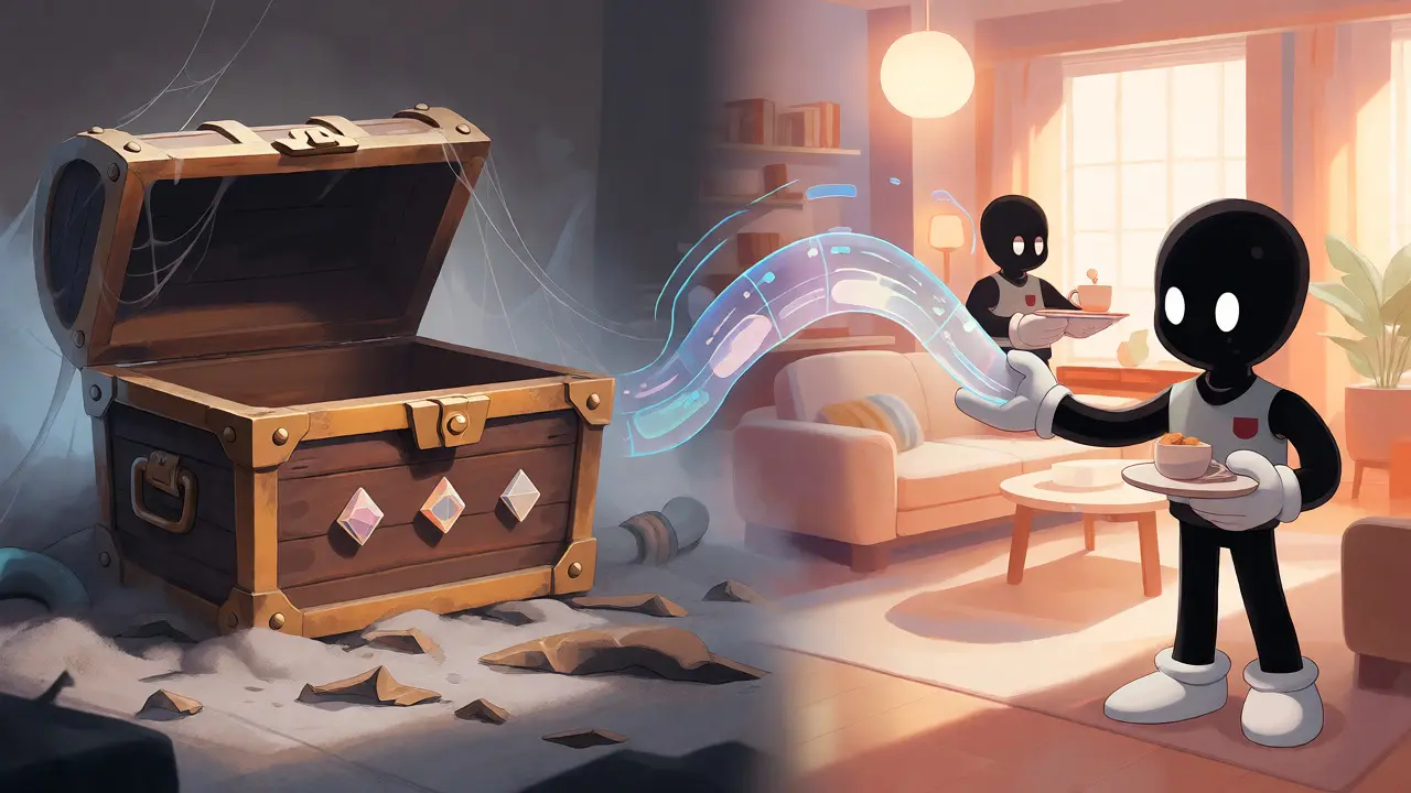 Split scene showing empty treasure chest and cozy chat
