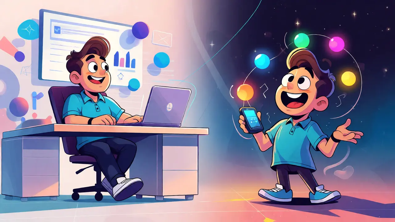 Split-screen cartoon showing a calm desktop trader versus a busy mobile trader juggling crypto orbs.