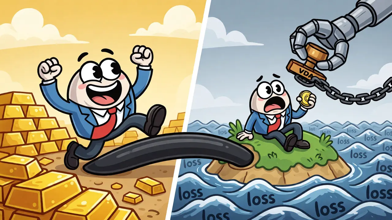 Split screen showing happy stock investor vs distressed crypto holder in animation style.