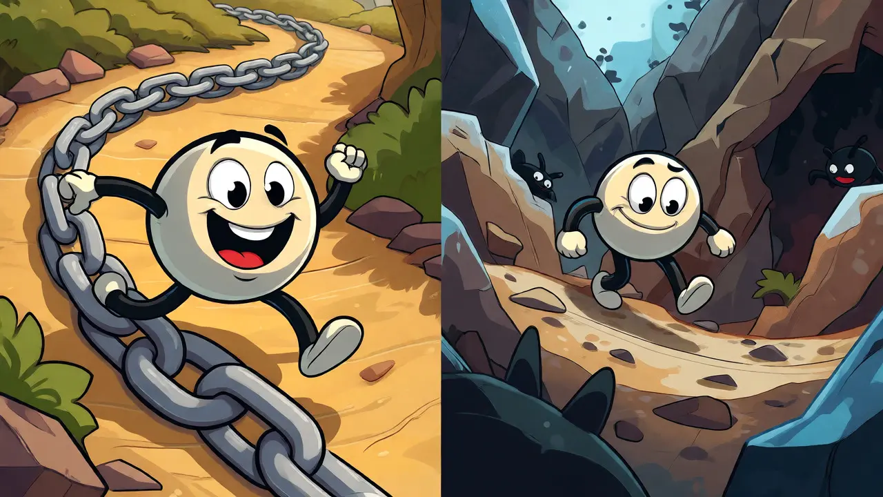 Split view of smooth DeFi navigation versus risky buggy terrain
