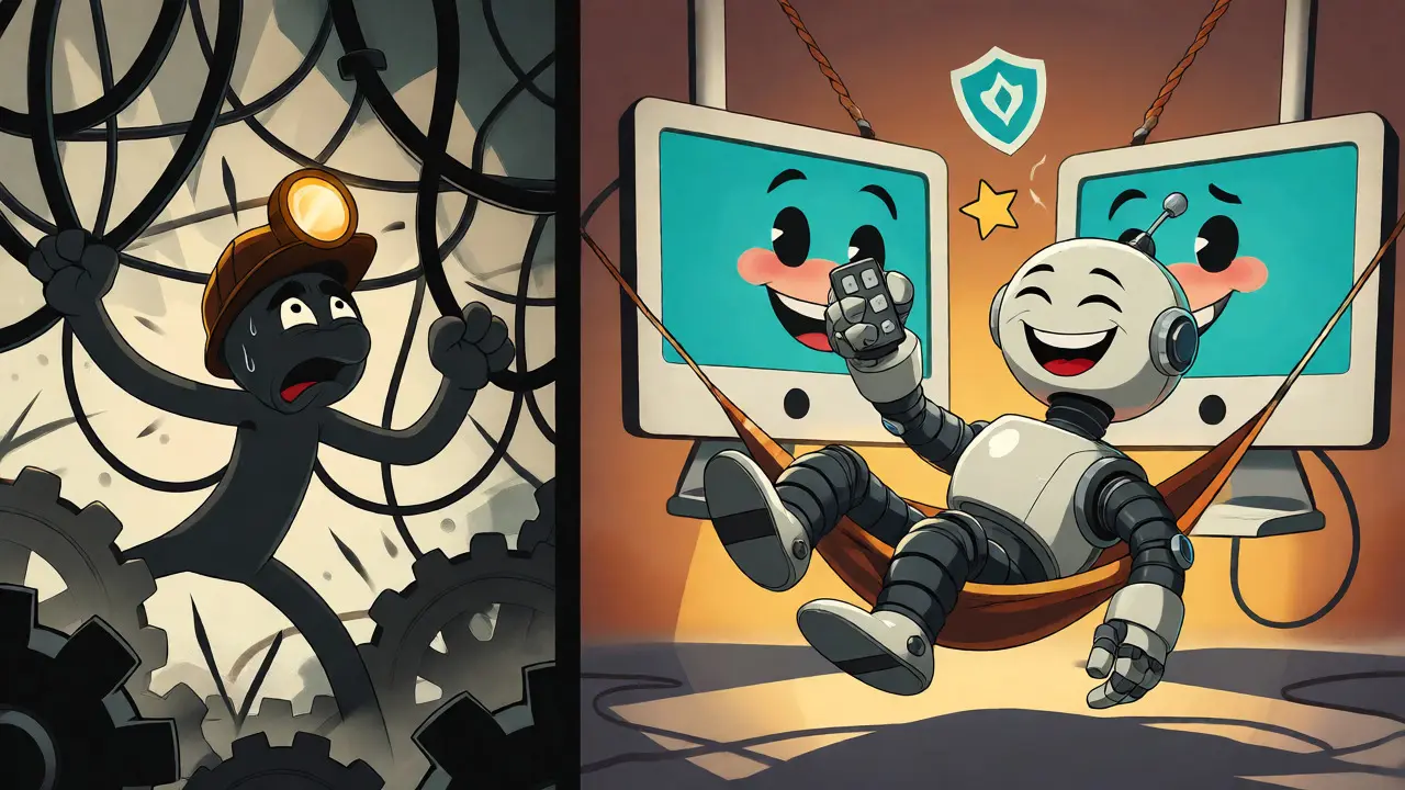Stressed miner vs relaxed robot illustrating easy crypto management