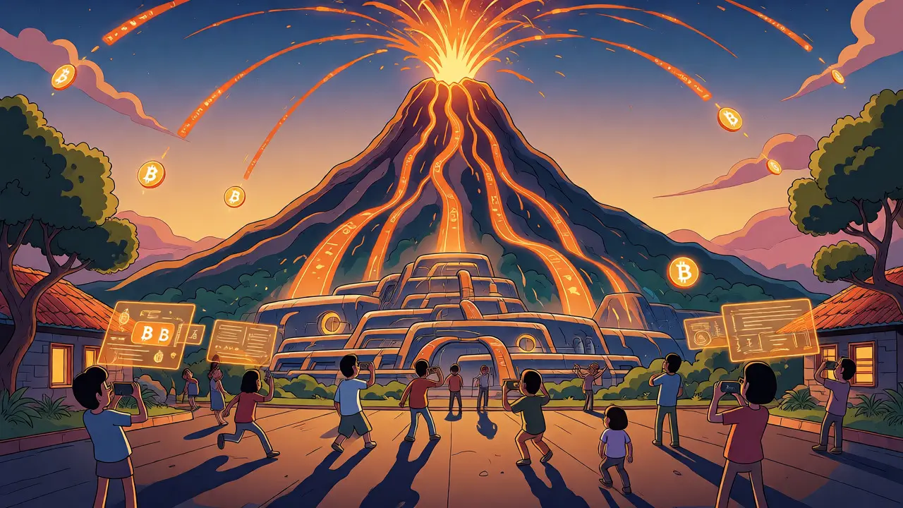 Stylized volcano powering Bitcoin mining facilities attracting tourists in a cartoon landscape.