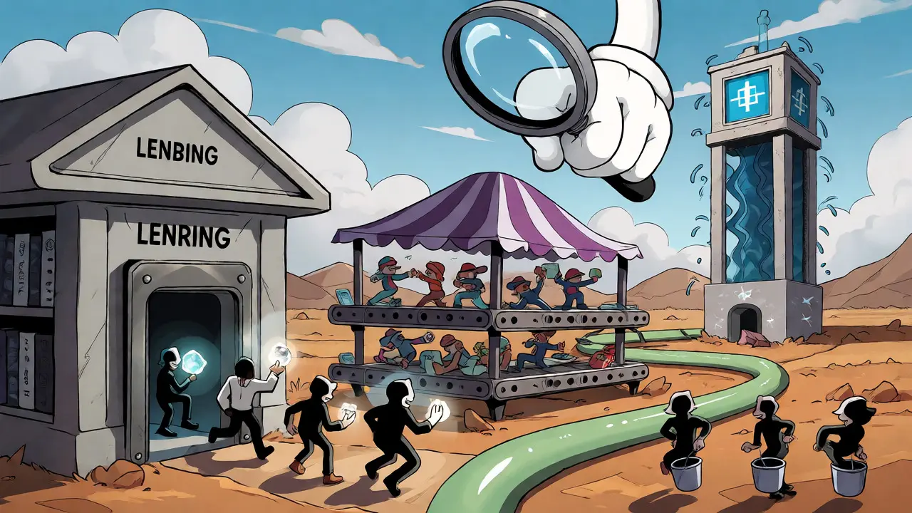Surreal cartoon cityscape of DeFi sectors under a giant magnifying glass.