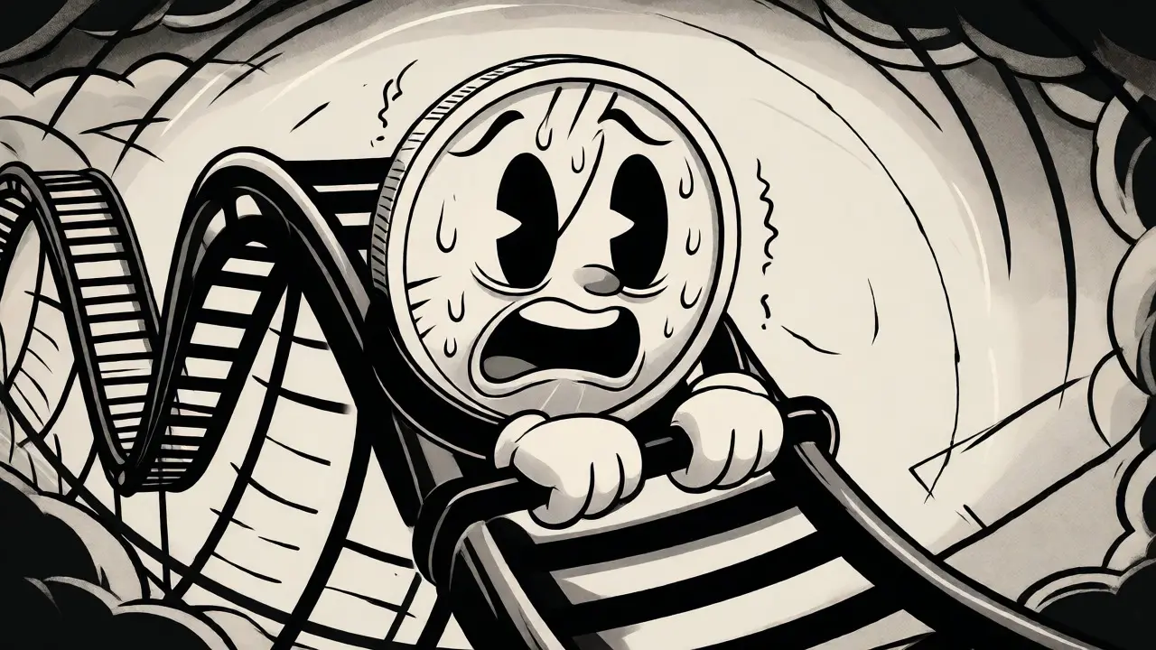 Sweating coin character on a volatile downward rollercoaster ride