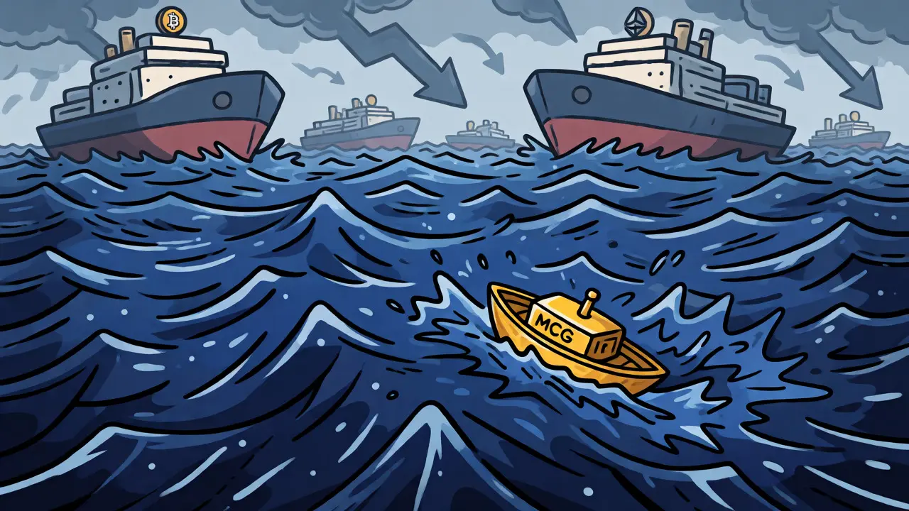 Tiny golden boat struggling in rough seas next to massive crypto ships.