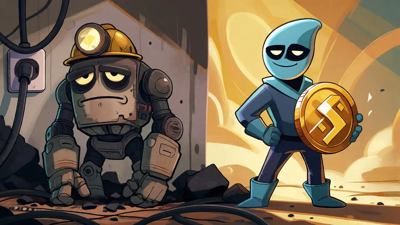 Tired robot miner versus calm validator in split-screen cartoon