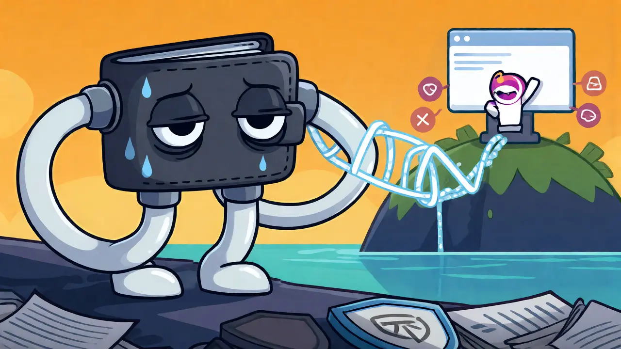 Tired robot wallet crossing a wobbly light-bridge to a small exchange island.
