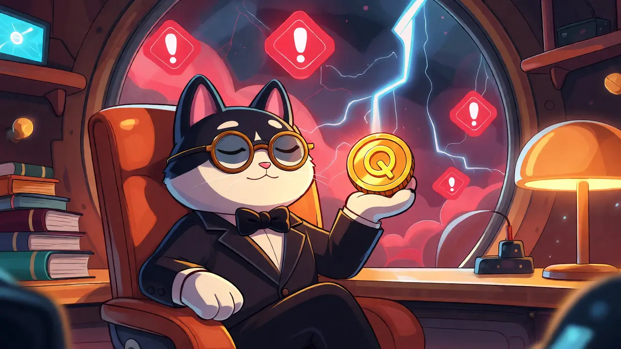 Tuxedo cat calmly holding a QRL coin amidst market chaos outside.