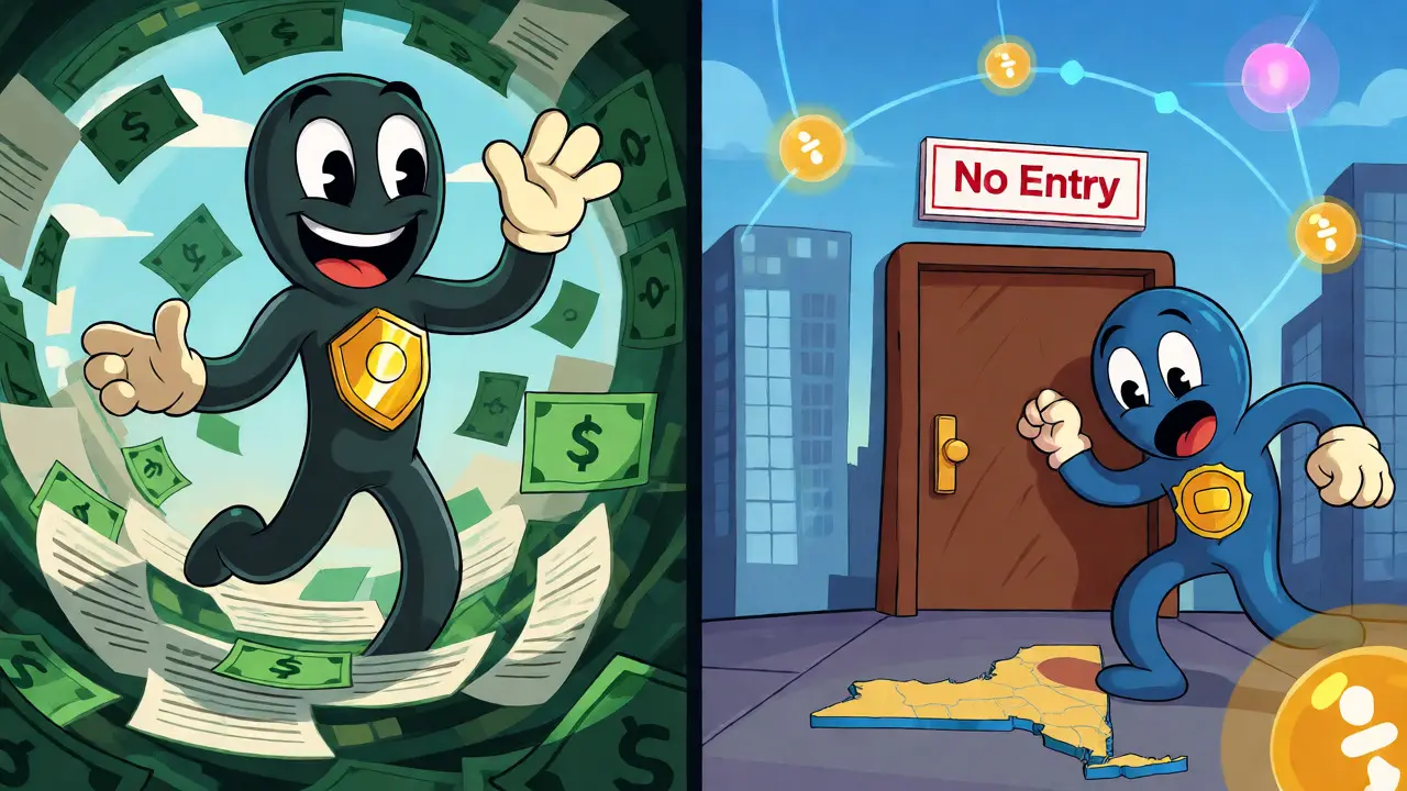 Two characters choosing between getting licensed or blocking New York users.
